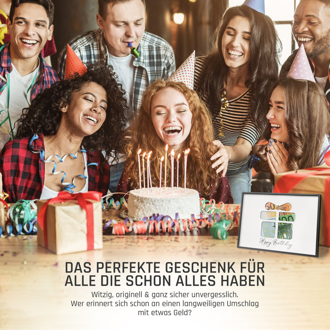 Happy Birthday Geldgeschenk für Frauen & Männer inkl. A5 Echtholz Bilderrahmen