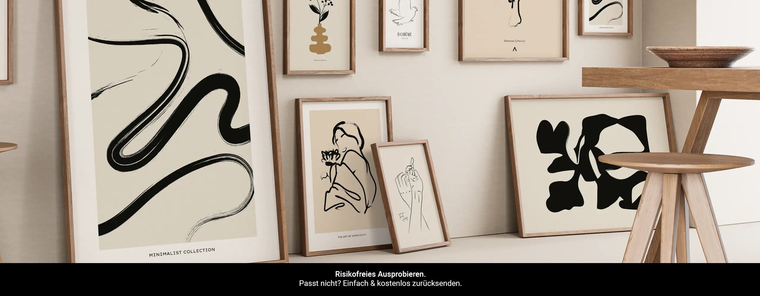 Moderne Kunst Poster mit minimalistischen Linien und dezenten Farbkombinationen aus beige, weiß und schwarz. Design Wandbilder für dein Zuhause.