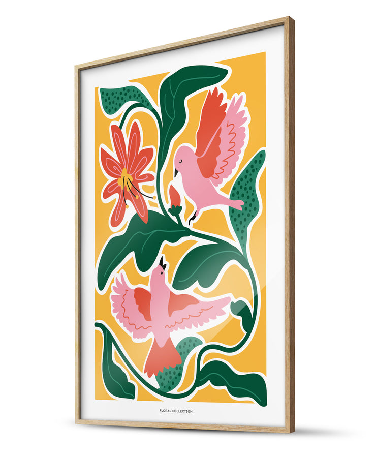 Pink Birds & Florals Modern Art Poster